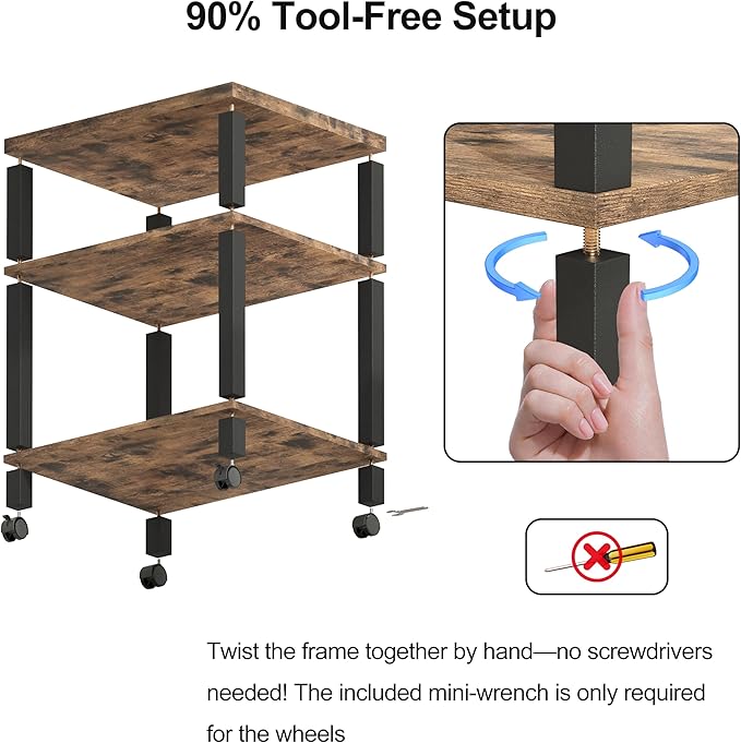 3-Tier Printer Stand with Wheels, Large Under Desk Rolling Cart for Office Storage, Heavy Duty Machine Stand with Adjustable Shelf, 22.04"x17.71"x26.54", Rustic Brown