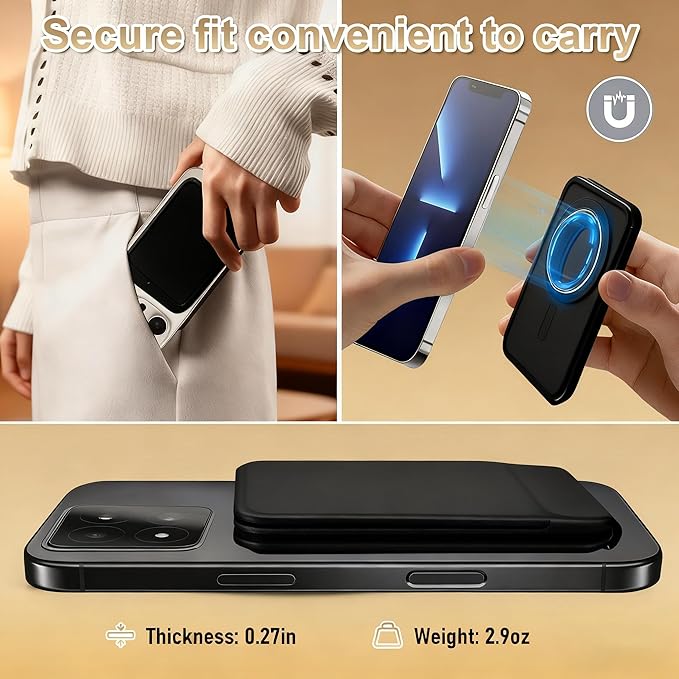 Magnetic Phone Stand, Compatible with All Smartphones 17/16/15/14/13/12 Series, Slim PU Leather Desk Stand with Multi-Angle Adjustment, Portable & Includes 1 Strong Magnetic Ring for Any Phone(Black)