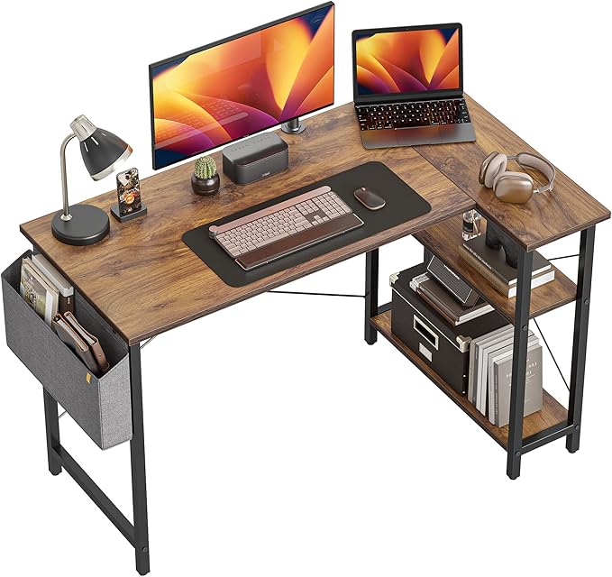 CubiCubi L Shaped Desk, 47 Inch Computer Desk with Reversible Storage Shelves Home Office Corner Desk Study Writing Table, Deep Brown