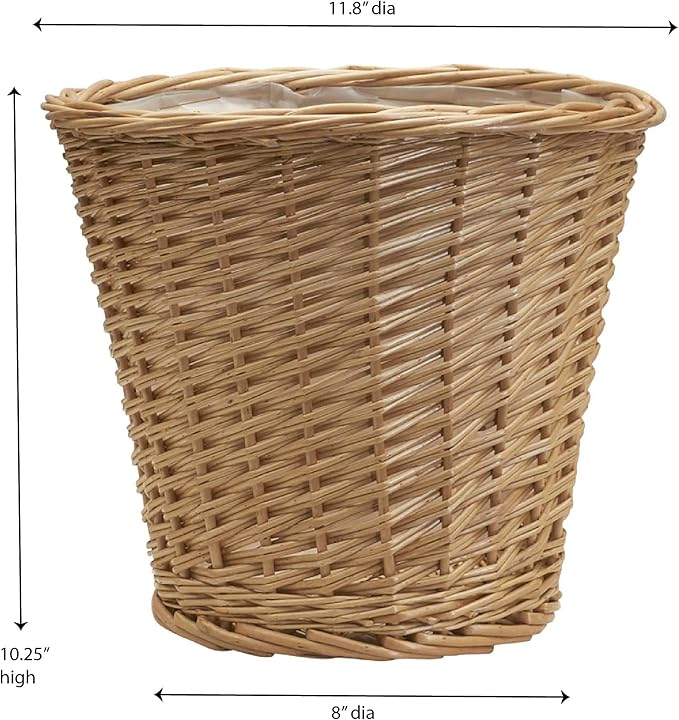 Household Essentials Willow Wicker Waste Basket, Medium, Handwoven with Built-in Plastic Liner, Durable and Attractive Weave, Tapered Design, Compact, Easy to Clean, Natural