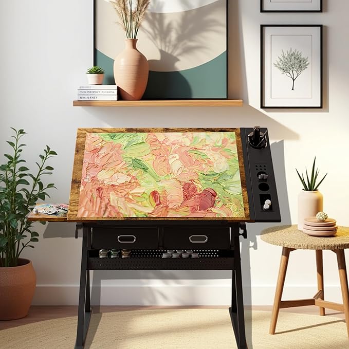 Height Adjustable Drafting Table, Tilting Tabletop Artist Desk w/2 Storage Drawers & Stool, Craft Drawing Table for Painting, Sketching, Home Office, Art Studio (Black+Wood)