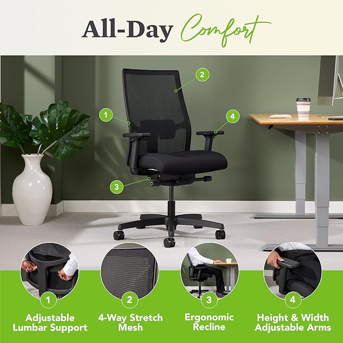HON Ignition 2.0 Mid Back Task Chair, Spectrum Mesh, Advanced Synchro-Tilt Control, Office Chair with Lumbar Support, Height and Width Adjustable Arms, Titanium Frame, Onyx