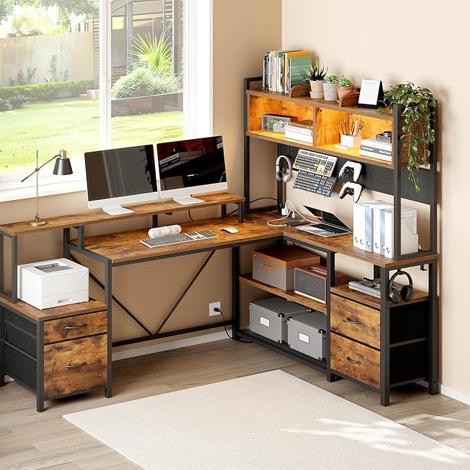 RALGEND 75inch L Shaped Computer Desk with Drawers, Large Gaming Desk with LED Light & Power Outlets, Corner Computer Desk with Storage Shelves & Monitor Stand for Home Office,Rustic Brown and Black