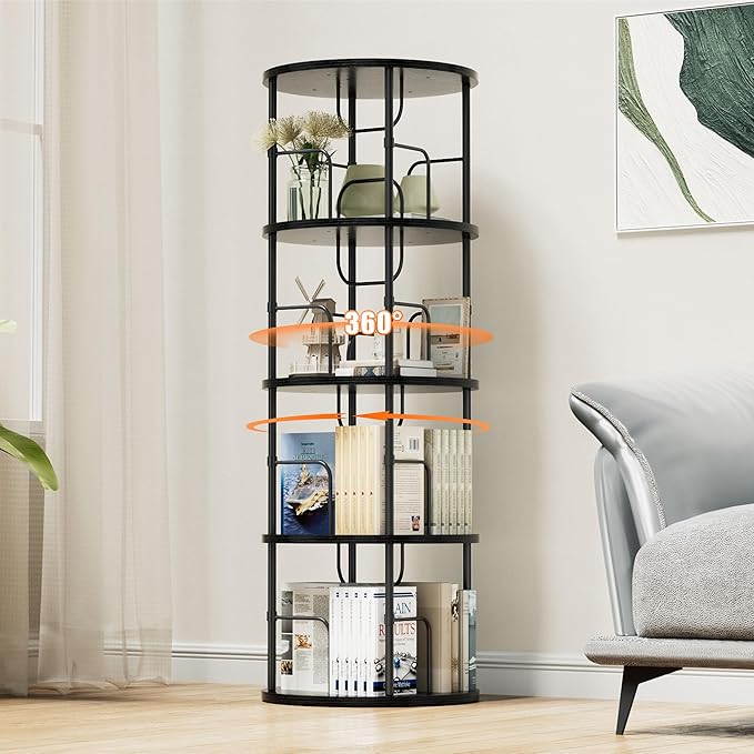 Flycity 4 Tier Rotating Bookshelf, 360° Corner Bookshelf Tower, Round Revolving Bookcase with Special Visible Partition Storage, Narrow Book Shelf Organizer for Living Room, Small Space, Black