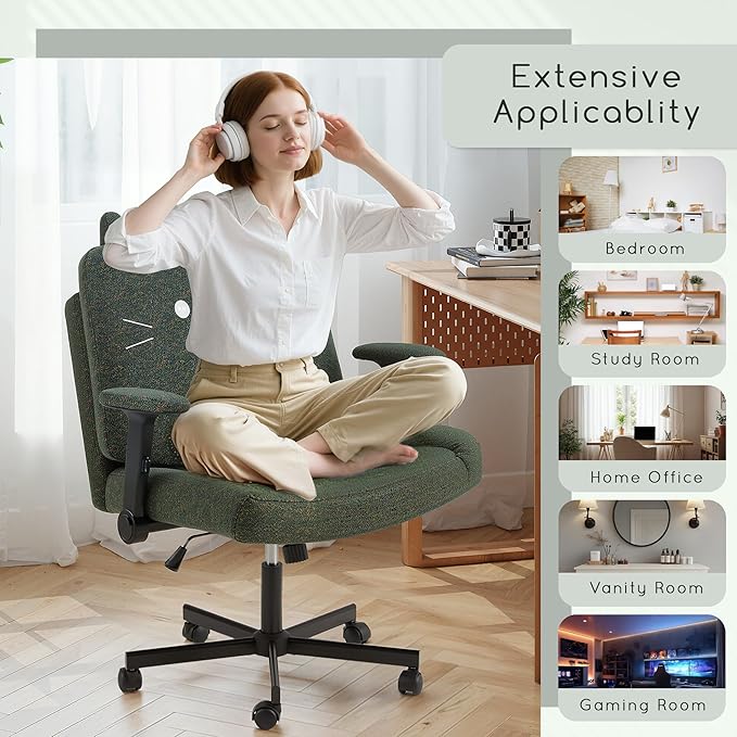 HOMREST Criss Cross Chair with Arms and Castors,Plus Size Cross Legged Office Chair with Extra Wide Seat&Flexible Back Cushion,Cute Comfy Desk Chairs for Home Office,Vanity,Reading(Christmas Green)