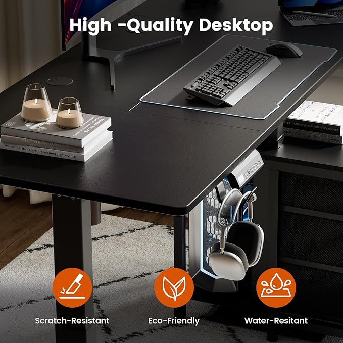 REAHOME Electric Standing Desk with Drawers, 55 x 24 Inches Height Adjustable Sit Stand Desk with Storage, 3 Memory Preset Home Office Computer Desk, Printer Cabinet, 2 Hooks, Cable Management, Black