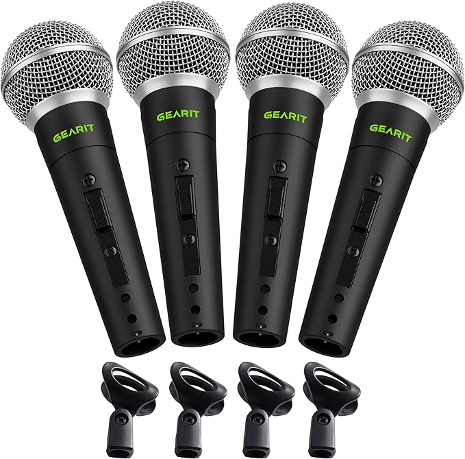 GEARit Dynamic Cardioid Vocal Stage Microphone with On/Off Switch and Mic Clip (Cables Sold Separately) - 4 Pack