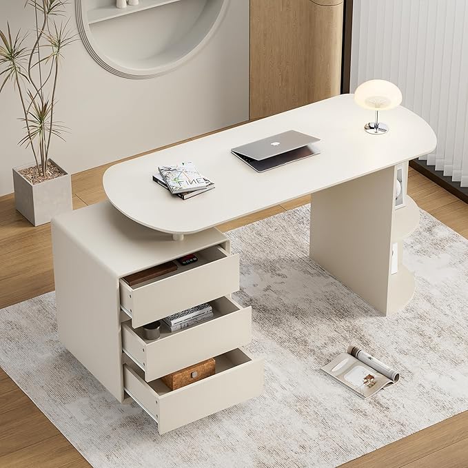 Qulomvs Home Office Desk and Chair Set, Home Office Furniture Sets, Computer Desk with Drawers & Shelves, Ergonomic Office Chair with Footrest Mesh Home Office Desk Chair