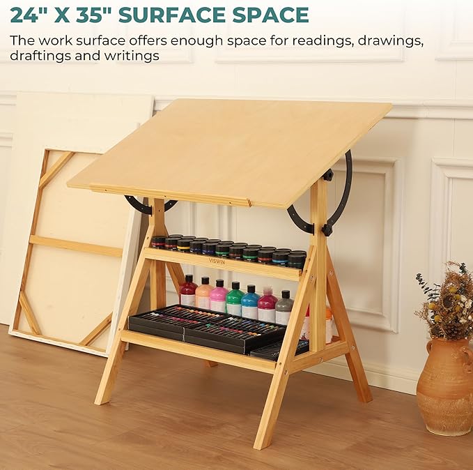 VISWIN Wood Drafting Table for Adults, Drawing Table with Adjustable Angle & 2-Tier Storage Racks for Art Studio, Solid Pine Wood Artist Desk for Drawing, Drafting, Writing, Reading, Sketching