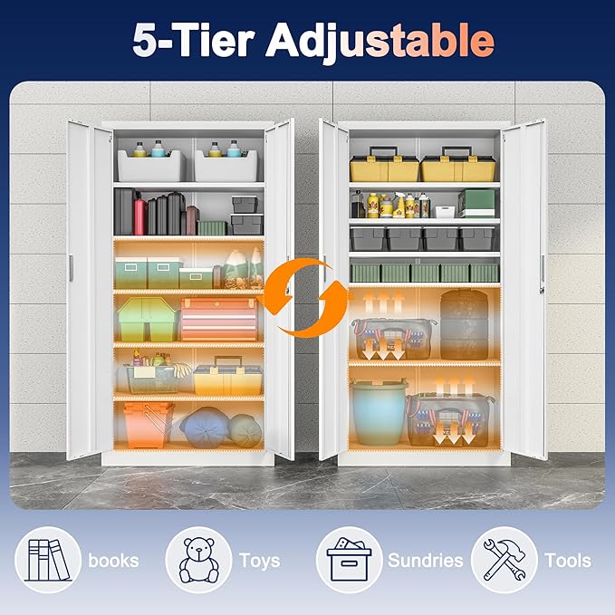71" H Tall Metal Storage Cabinet with Lock and 5 Adjustable Shelves, Metal Garage Storage Cabinet for Home, Office, Garage, Warehouse Organize, White