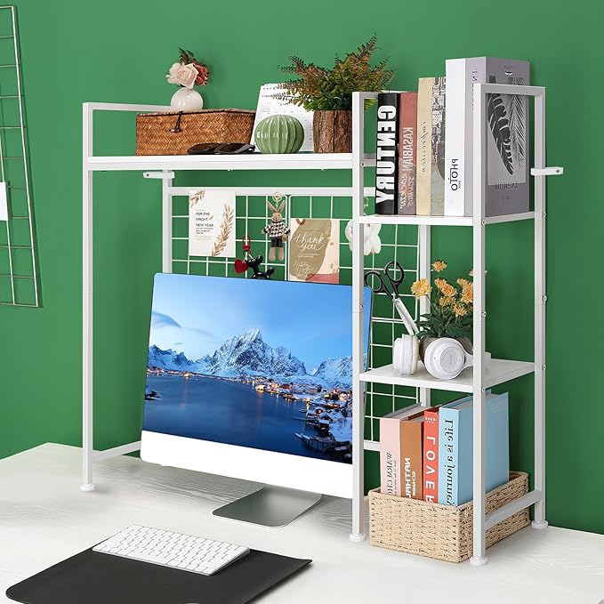 YBING Desk Shelf, 37.4" Desktop Organizer Shelf, Desk Hutch for Computer Monitor, Display Bookcase Rack with Grid Panel, Wood Desktop Bookshelf for Home Office Dorm, White