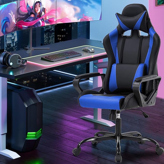 PayLessHere Ergonomic Racing Desk Chair Gaming Chair Computer Chair with Armrests 360° Swivel & Caster Pu Desk Task Chair Executive Headrest Lumbar Support for Back Pain Women Men and Adults, Blue