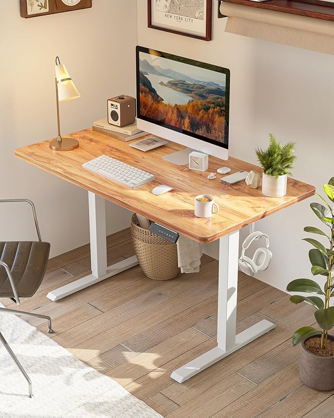 CubiCubi 32 x 20 Small One-Piece Standing Desk, Adjustable Height Electric Computer Home Office Sit Stand up Workstation, with 4 Memory Presets, Headphone Hook, Light Vintage