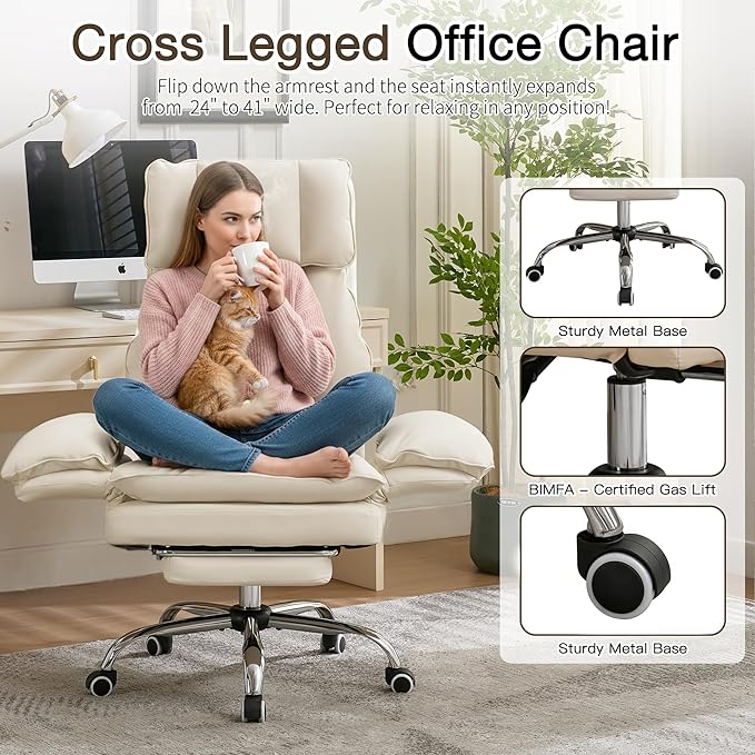 Ergonomic Cloud Cross Legged Office Chair with Footrest,Leather Big and Tall Executive Chair with Wheels,Reversible Armrest,155° Reclining Computer Wide Desk Chair for Home,Office (Beige)