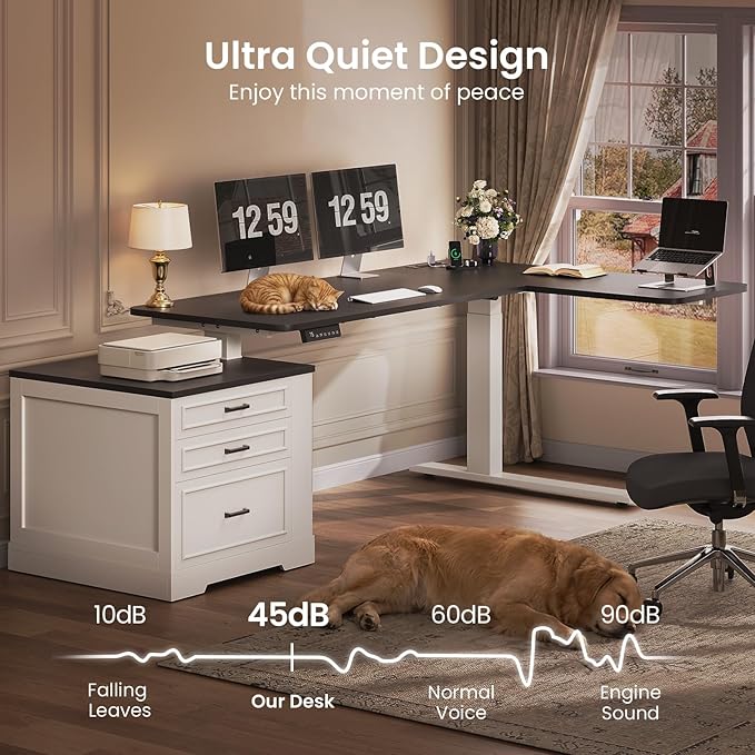 SEDETA Farmhouse L Shaped Electric Standing Desk, 70.9" x 39.4" Height Adjustable Office Executive Desk with 3 Drawers, Standing Computer Desks with Power Outlet for Home Office, White