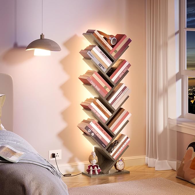 Hoctieon 10 Tier Tree Bookshelf, Tall Bookcase, Freestanding Book Shelf with LED Lights, Display Floor Standing Storage Shelf, Book Organizer Shelves for Home Office, Living Room, Greige