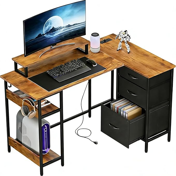 DEVAISE L Shaped Desk with Drawers and Storage, L Shaped Office Desk with Power Outlets, CPU Stand, Monitor Stand, Gaming Table with LED Light, Corner Desk for Home Office (Rustic Brown, 48*31 Inch)