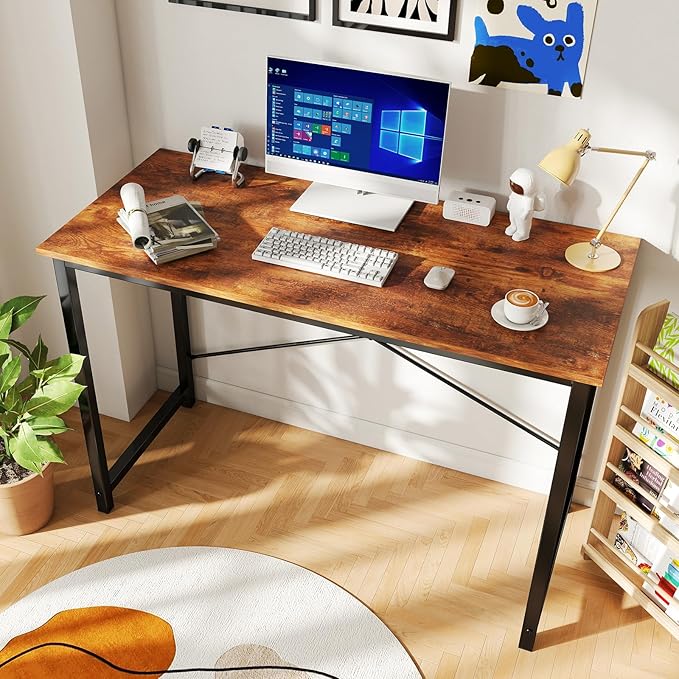 DUMOS 44 Inch Computer Desk for Home Office, Modern Study Work Table Simple Style for Bedroom, Writing Desks with X-Shaped Reinforcement, Rust