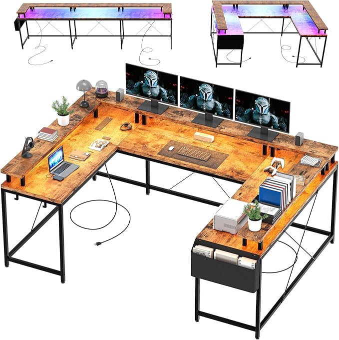 Jojoka U-Shaped Computer Desk with Power Outlets & RGB LED Lights - Reversible l-Shaped Office Desk, Full Monitor Stand, Modern Home Office Workstation, 600lbs Capacity 79",Game Desk, Multiple Colors