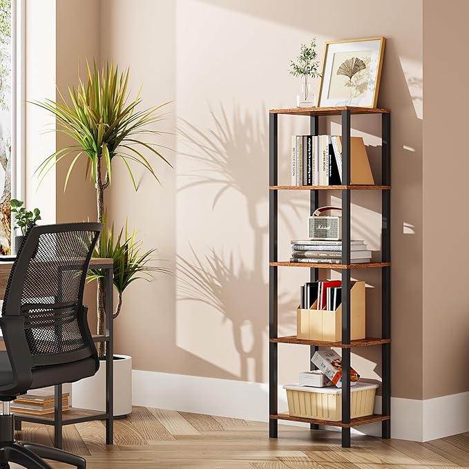 TUTOTAK Bookshelf, 5-Tier Tall Book Shelf, Narrow Bookcase for Small Space, DIY Stackable Bookshelf, for Living Room, Office, Study, Entryway, Industrial, Rustic Brown and Black BS01BB005