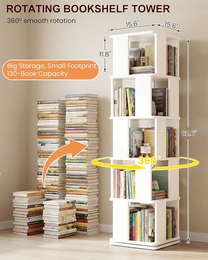 Foxemart 5-Tier Rotating Bookshelf Tower, 360° Spinning Modern Book Storage Bookcase, Stable Display Corner Book Shelf for Kids Room, Living Room, Bedroom, Home Office, White