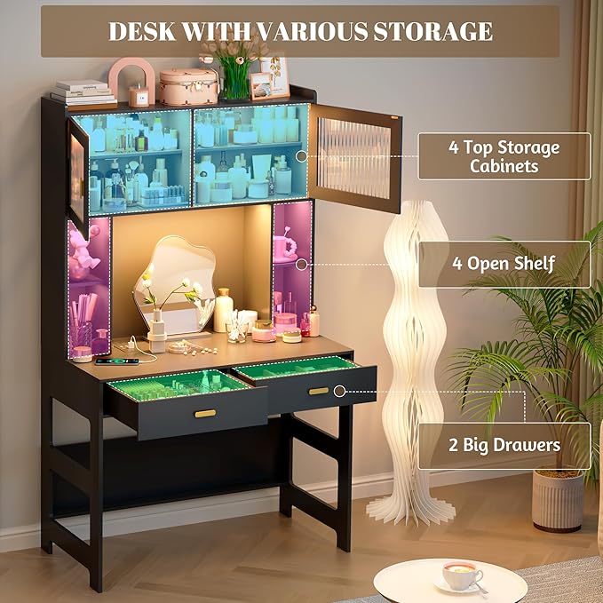 Vlsrka Home Office Desk with Hutch and Drawers, 40" Computer Desk with Storage Shelves and LED Lights, Modern Wooden Writing Study Table with Charging Station for Bedroom, Black
