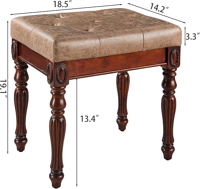 Vintage Wooden Writing Desk Stool Set, Small Secretary Desk and Cushioned Stool Set with 2 Drawers, 39.4" W Wood Writing Table Vanity Makeup Table Sets for Home Office-Cheery&Light Wheat