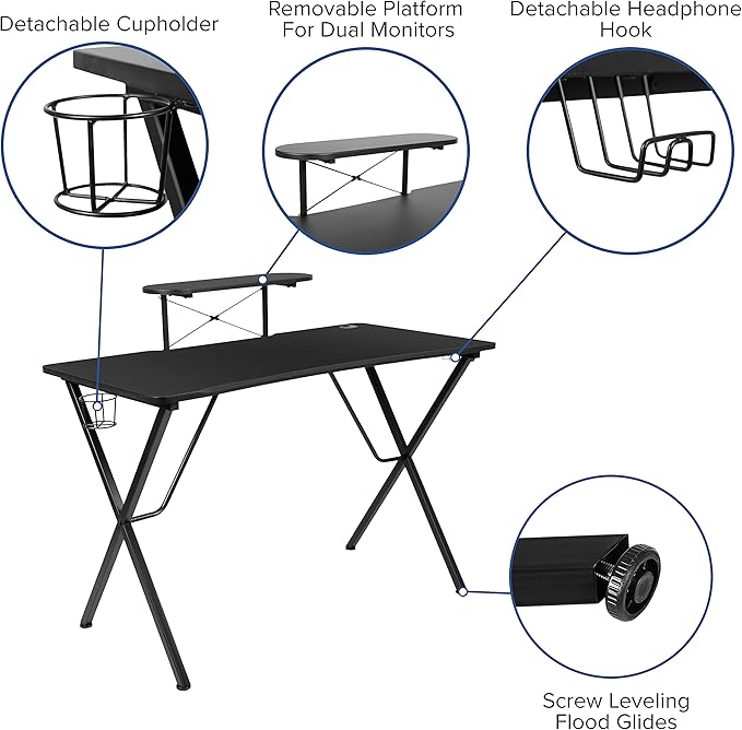 Flash Furniture Black Gaming Desk and Orange/Black Racing Chair Set with Cup Holder, Headphone Hook, and Monitor/Smartphone Stand