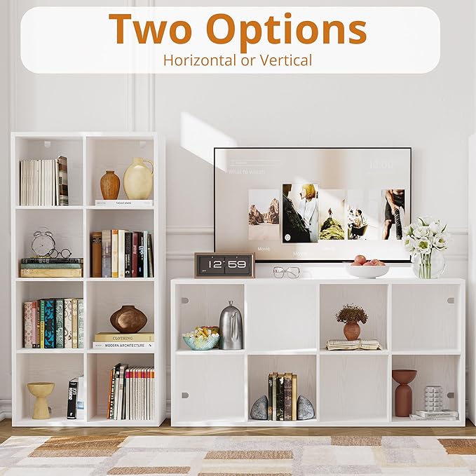 IROCNK Bookshelf, 8-Cube Storage Cube Shelf Organizer, Extra Thick Frame Horizontally & Vertically Reversible Bookcase with Open for Living Room, Bedroom, Home Office, White