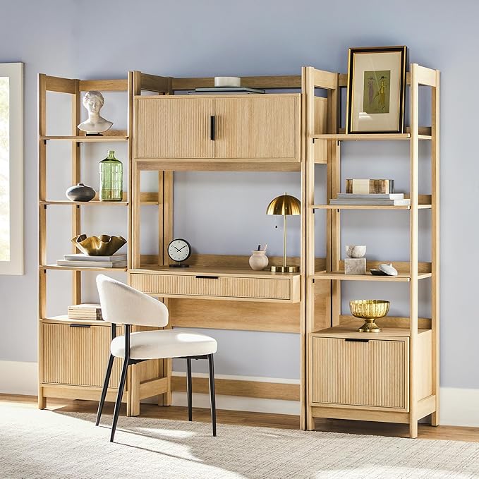 Walker Edison Transitional 3-Piece Hutch Desk with 1 Wide and 1 Narrow Bookcase, Reeded Drawer Fronts, Built-in outlets and USB Ports, Set of 3, Coastal Oak