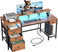 Furologee 60" Computer Desk with File Cabinet and Storage Shelves, Reversible Home Office Desk with LED Lights, Full Monitor Stand, Power Outlets, Study Gaming Table with 4 Drawers, Rustic Brown
