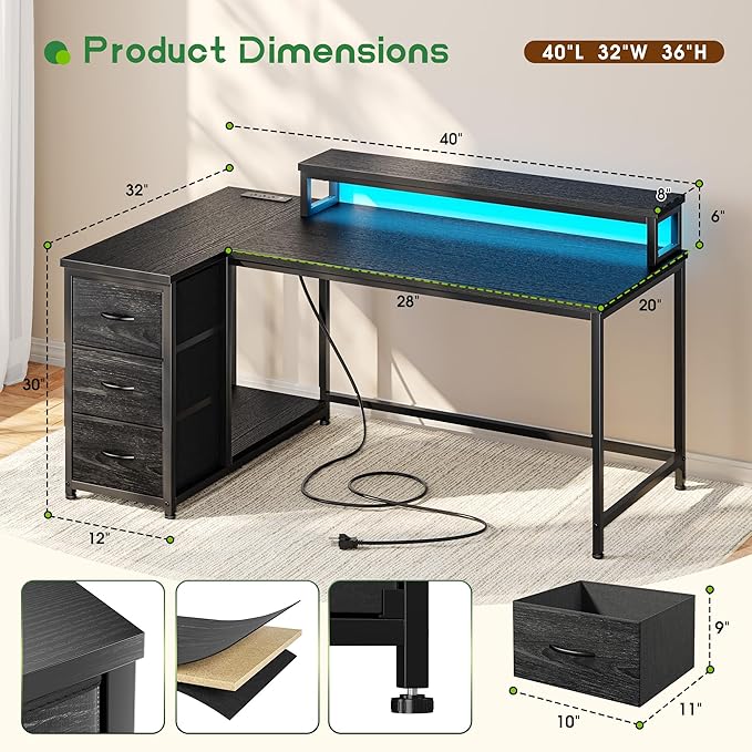 EnHomee Gaming Desk with LED Lights & Power Outlet, 40Inch L Shaped Computer Desk with Drawers, Small Desk Home Office Desks with Monitor Stand for Gaming,Study Room,Home Office,Bedroom,Black