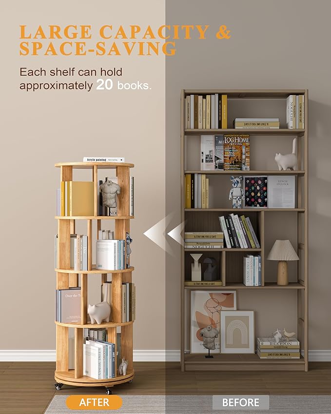 IUNVR Rotating Bookshelf, 4 Tier Solid Wood Bookshelf Tower with Lockable Wheels, 360° Spinning Revolving Bookcase for Small Spaces, Corners, Bedroom, Kids Room, Home Office, Natural