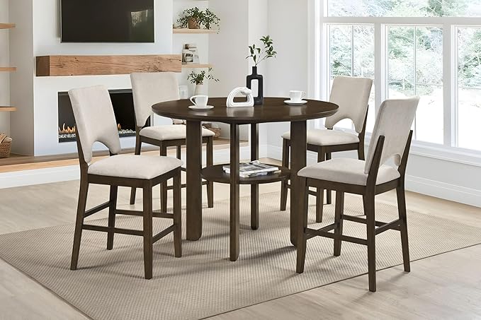 GOWE Contemporary Counter Height 5pc Dining Set Round Table with Shelf and 4X Chairs Comfort Light Beige Upholstery Dining Furniture Modern Contemporary Round Tabletop Table Base with Built-in Shelf