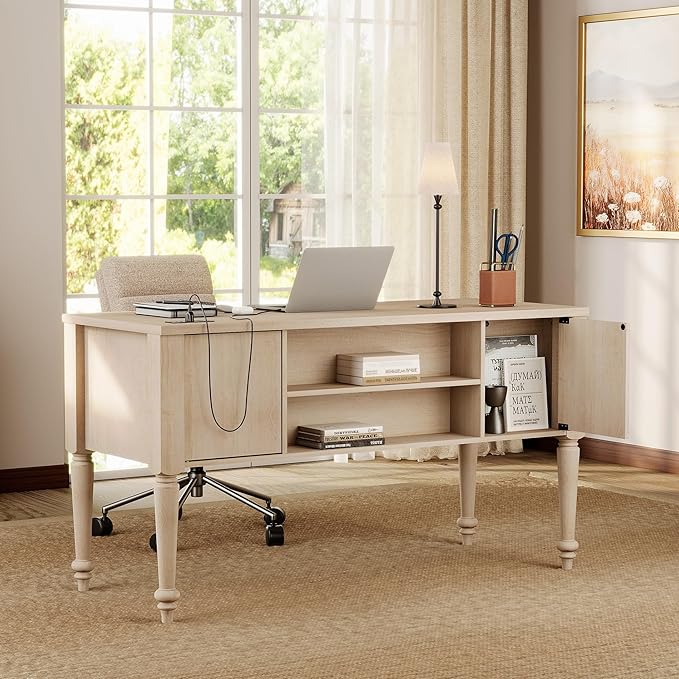 WAMPAT Home Office Furniture Set, 56'' Executive Desk with Charging Station, 2-in-1 Cabinet with Glass Doors, Wood Computer Desk with File Cabinet Storage, Open Shelf, Beige