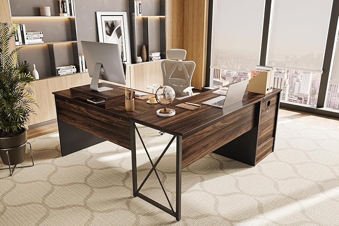 Bestier L Shaped Standing Desk with Lift Top, 55" x 55" Standing Corner Desk for Home Office, Computer Desk with Reversible File Drawer and Monitor Stand, Walnut