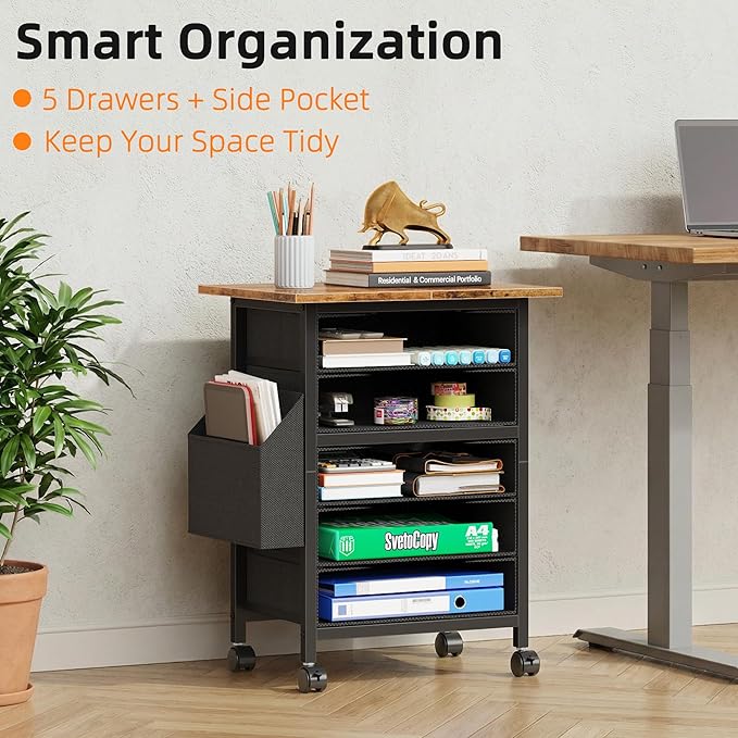 HIGDBFE 5 Fabric Drawers File Cabinet with Side Pocket, Rolling Printer Stand with Storage for Home Office, Wood Top Storage Cabinet for Documents and Crafts, Rustic Brown, 15" D