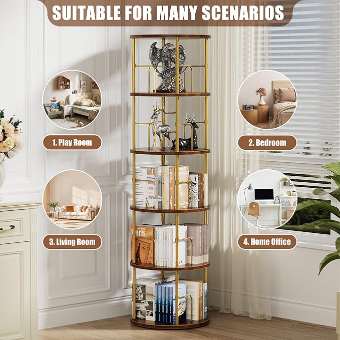 Flycity 5 Tier Rotating Bookshelf, 360° Corner Bookshelf Tower, Round Revolving Bookcase with Special Visible Partition Storage, Narrow Book Shelf Organizer for Living Room, Small Space, Gold