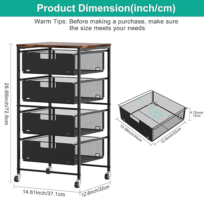 4-Drawer Storage Organizer, Under Desk Rolling File Cart with Lockable Wheels, Multi-Layer Mobile Filing Cabinet, Utility Craft Cart for Home Office,Black