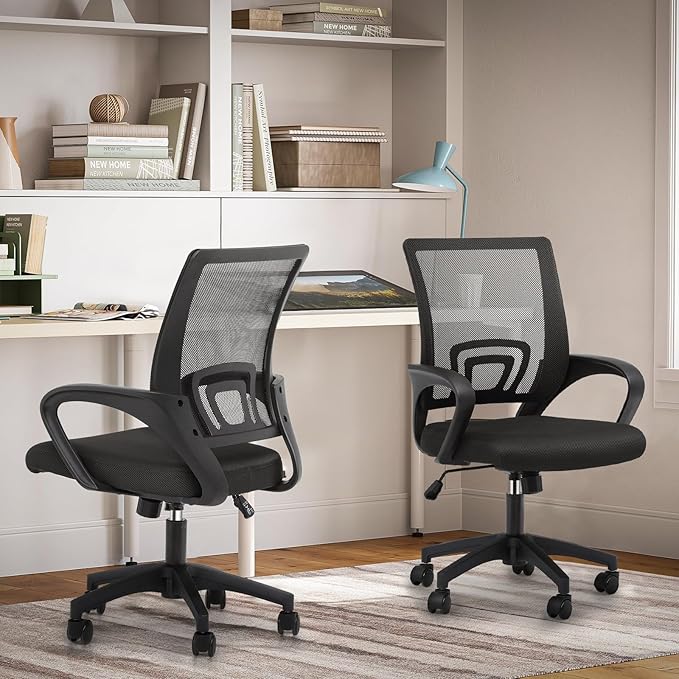 Magshion Office Chair Pack of 2, Ergonomic Mid-Back Mesh Desk Chair, Rolling Computer Chair with Lumbar Support & Comfy Armrests for for Gaming, Work, Study, 300 Lbs Capacity, Black