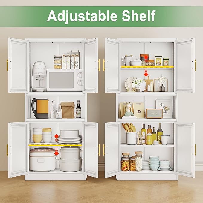 Ckzbx Pantry Cabinet 61" H Metal Kitchen Cabinet with 4 Doors, Bathroom Cabinets, 2 Adjustable Shelves for Kitchen, Home Office, Living Room, Dinning Room (White)