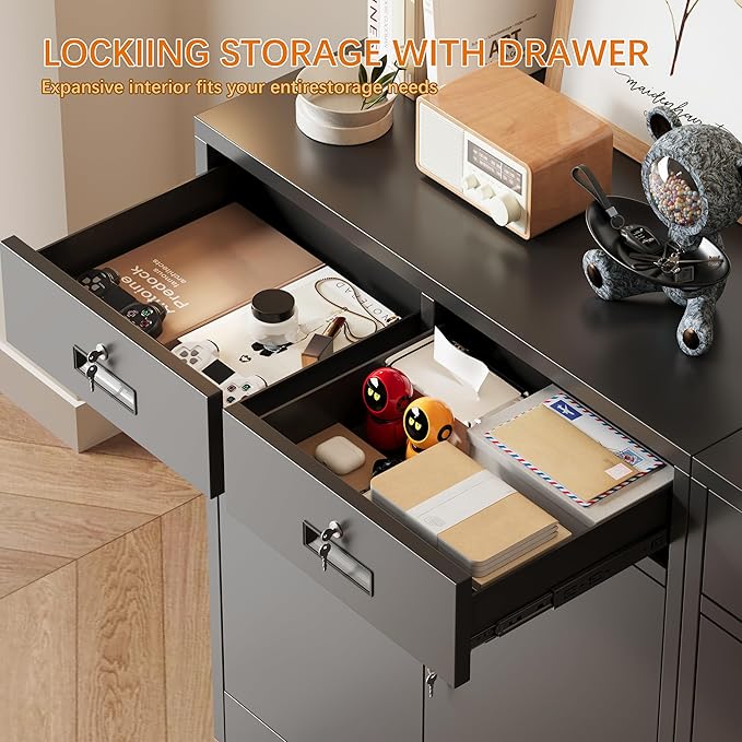 Metal Storage Cabinet with 2 Drawers, 36" H Locking Storage Cabinet, Metal Cabinets with Doors and Shelves for Home, School, Office, Garage, Black