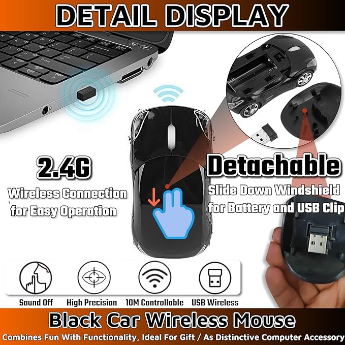 HuGuWdy Black Car Mouse，2.4G with USB Reciver 1600DPI Computer Mice Wireless for Computer Cute Wireless Mouse for Laptop Computer Tablet for Windows for Mac OS for Christmas（Black）