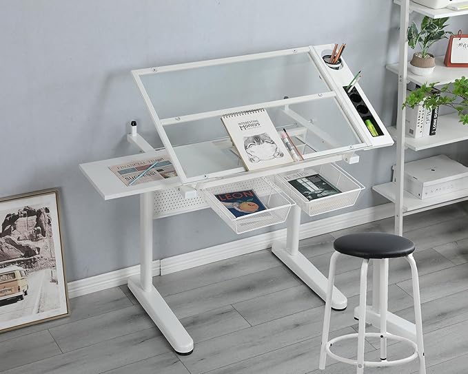 White Art Table,Drafting Table with Storage,Adjustable Drawing Desk with Stool & 2 Storage Drawers for Art Studio Home Office School Adults Teens Artists Kids