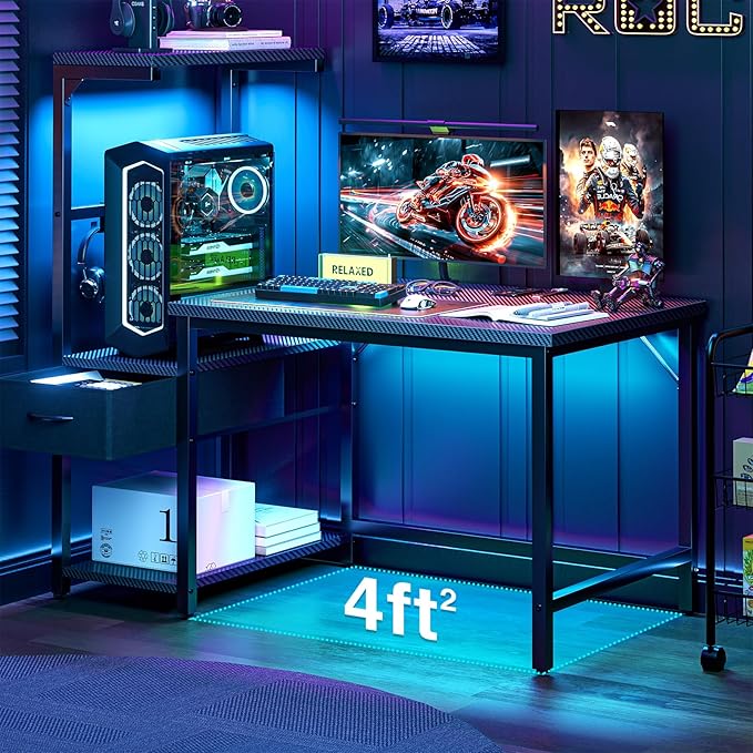 Grandder Gaming Desk 41 Inch with CPU Stand and LED Light, Computer Desk with Reversible Shelves and Storage Drawer, Pc Small Desk for Home Office Table with Bag, Carbon Fiber Black