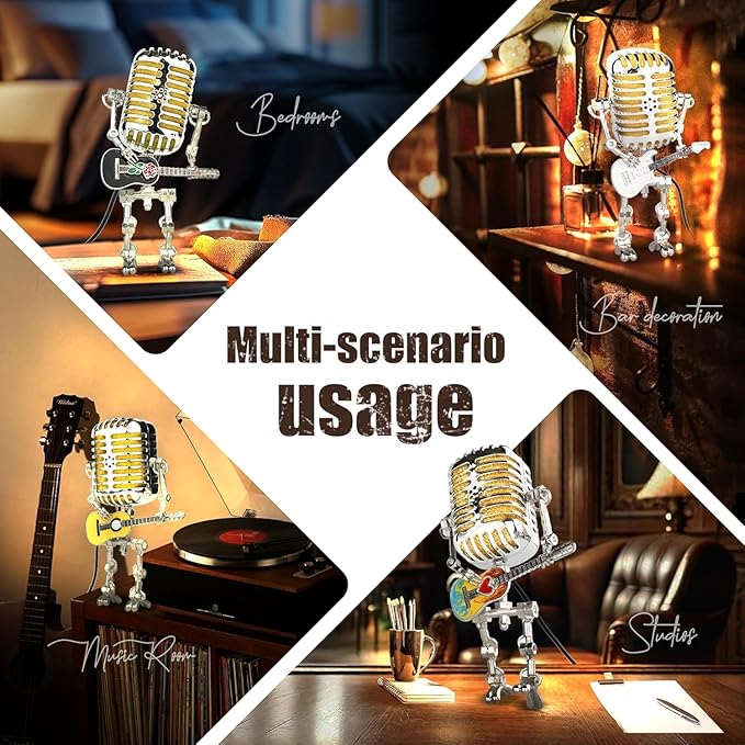 Vintage Microphone Guitar Robot Lamp, Music Gifts for Men, Cool Gifts for Music Lovers, Vintage Light Home Decor Nightstand Desk Lamp for Bedroom, Music Studio(Colorful)