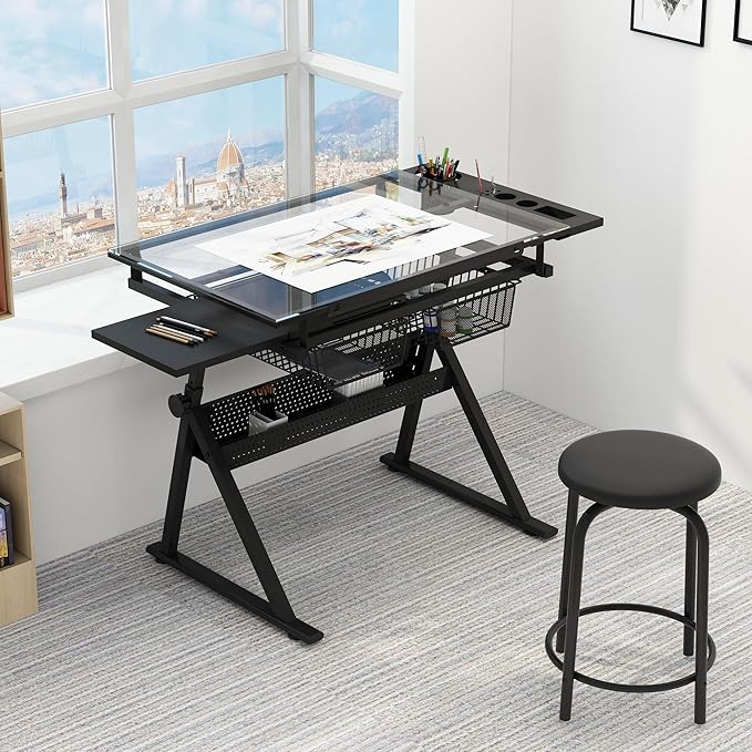CuisinSmart Drafting Table w/Stool Height Adjustable Multifunctional Art Craft Diamond Paintings Work Station w/2 Storage Drawers Artists Desk Tilting Glass Tabletop for Home Office Black