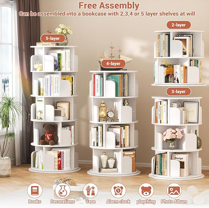 Besiost Rotating Bookshelf Tower, 5 Tier Spinning Bookcase, Revolving 360 Book Shelf Narrow Tall Bookcase, Vertical Turning Round Bookshelf Organizer, Wood Corner Book Shelf for Small Space, White