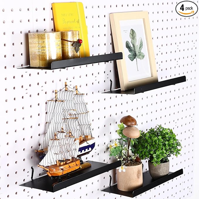 Beeveer 4 Pcs Pegboard Shelves Wall Organizer Brackets Pegboard Steel Tray Accessories Organizing Tools for Craft Garage Nursery Workbench Kitchen(10.04 x 4.33 Inch,Black)