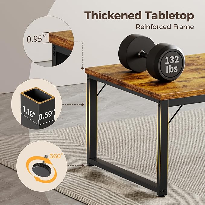 Mericonia 48 Inch Computer Desk, 1" Thick Heavy Duty Industrial Office Desk, Modern Simple Study Writing Table for Home Office Bedroom Workstation, Brown